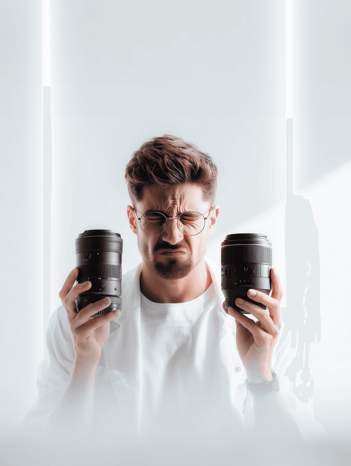 Frustrated videographer holding two camera lenses